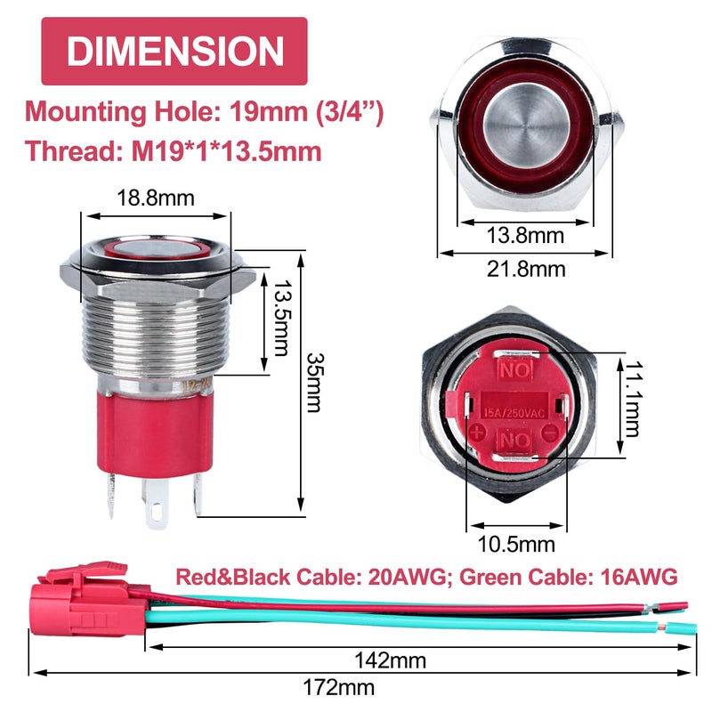 DMWD 19mm Heavy Duty Latching Metal Push Button Switch Waterproof Large Current 20Amp 12V-24V ON-OFF 1NO 4 Pins with Pre-wired Harness (Halo Ring White LED) - Image 4