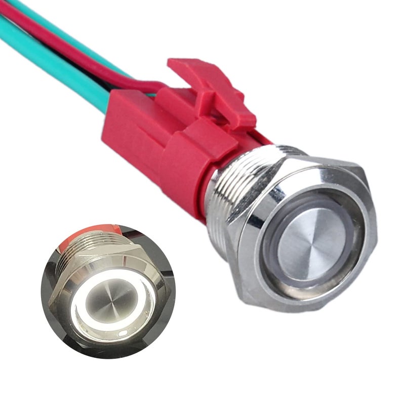 DMWD 19mm Heavy Duty Latching Metal Push Button Switch Waterproof Large Current 20Amp 12V-24V ON-OFF 1NO 4 Pins with Pre-wired Harness (Halo Ring White LED) - Image 1