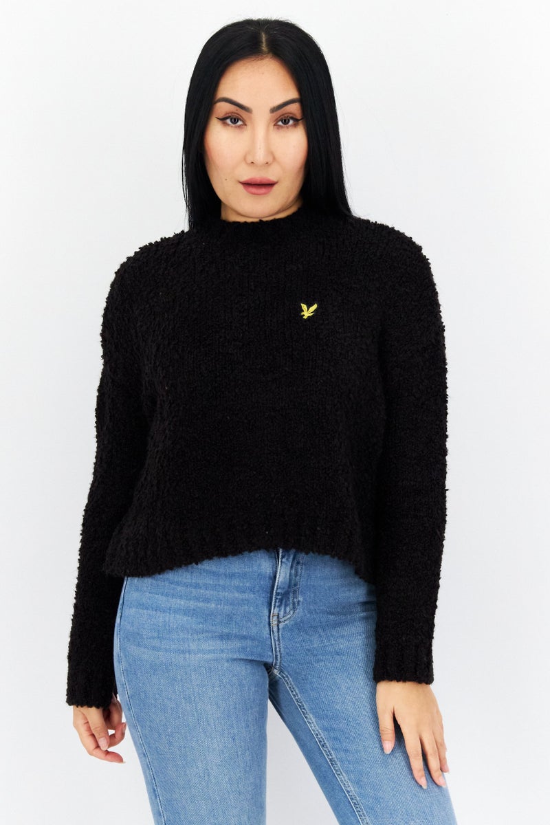 Lyle & Scott Women Mock Neck Crochet Sweater, Black - Image 1