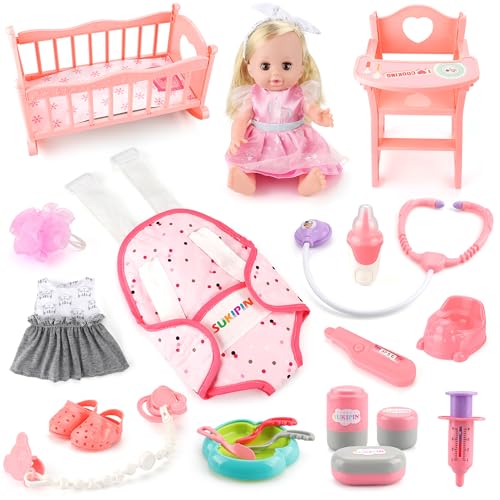 SUKIPIN Baby Doll Playsets for Girls, Baby Doll with Accessories Set for Girls 3-5, Baby Doll Set for 3 4 5 Year Old Girls Gifts, Stocking Stuffers for Toddlers Kids (Doll Playset) - Image 1