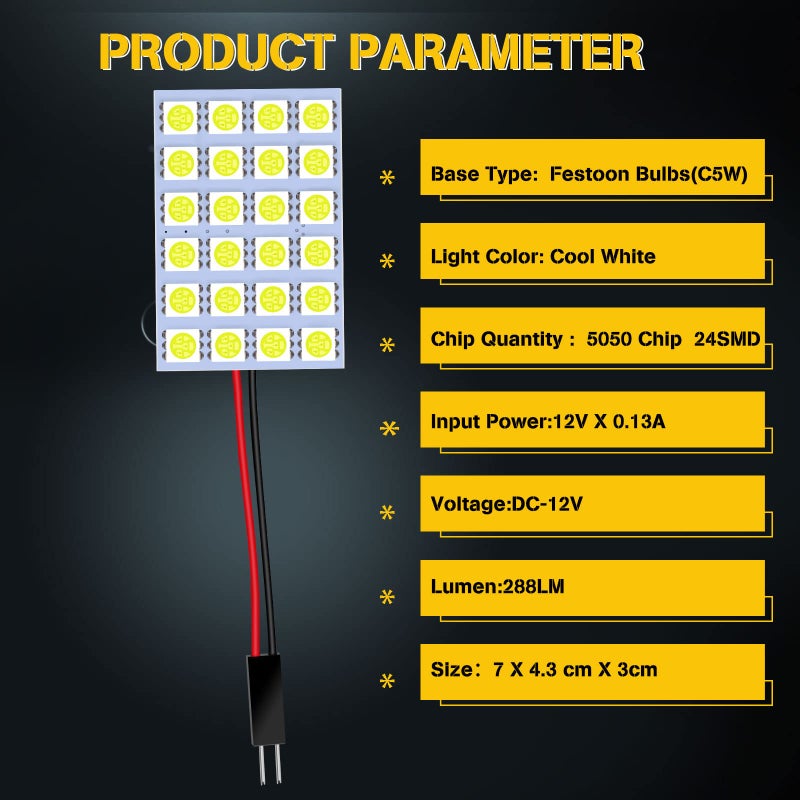YM EBright YM E-Bright 5-Pack White 5050 24SMD Led Panel Dome Light Lamp Auto Car Reading Interior Lamp DC 12V With T10 / BA9S / Festoon Adapters - Image 3