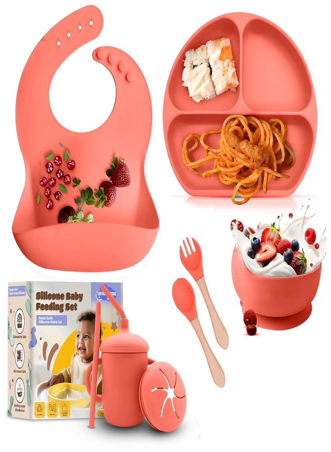 Infans Mini Silicone Baby Feeding Set 7 Pcs BPA-Free,Microwave Safe Tableware Kit for Babies & Toddlers Silicone Bib, Baby Cutleries and Tableware Set (Red) - Image 1