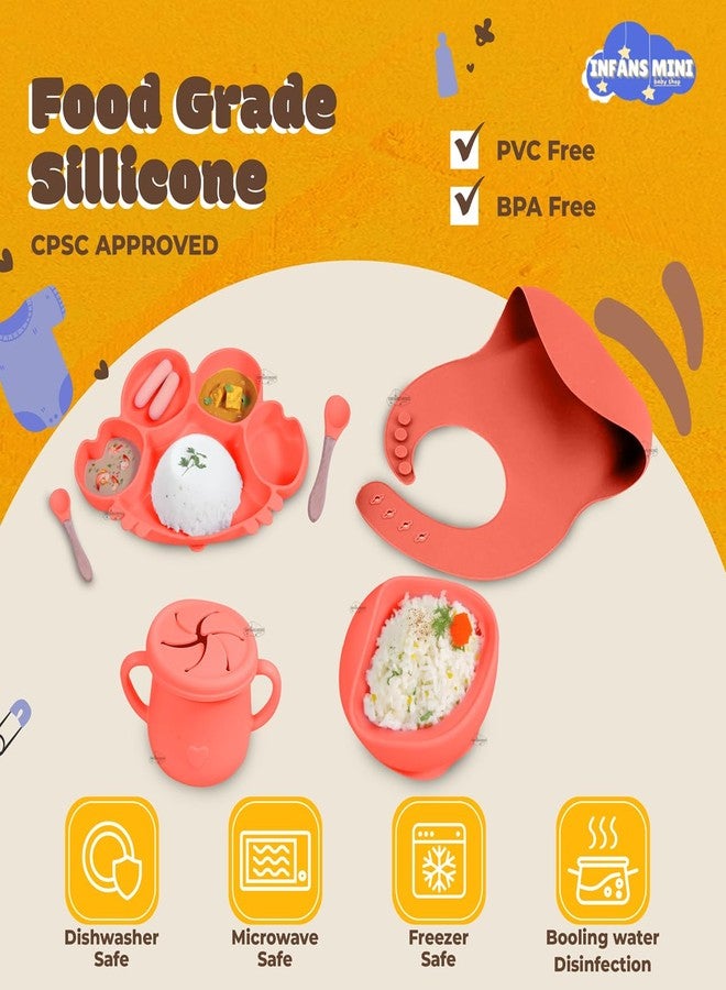 Infans Mini Silicone Baby Feeding Set 7 Pcs BPA-Free,Microwave Safe Tableware Kit for Babies & Toddlers Silicone Bib, Baby Cutleries and Tableware Set (Red) - Image 3