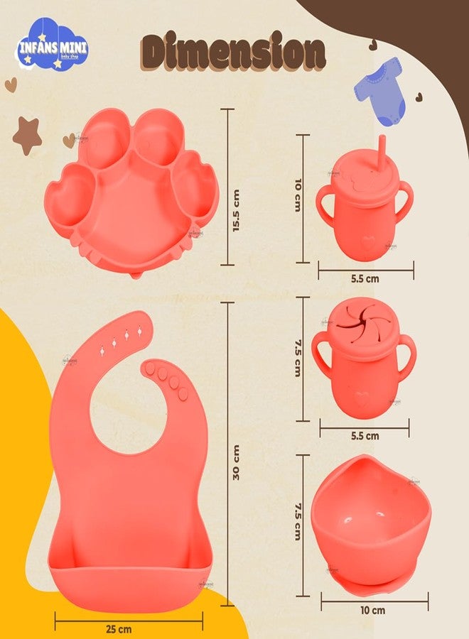 Infans Mini Silicone Baby Feeding Set 7 Pcs BPA-Free,Microwave Safe Tableware Kit for Babies & Toddlers Silicone Bib, Baby Cutleries and Tableware Set (Red) - Image 4