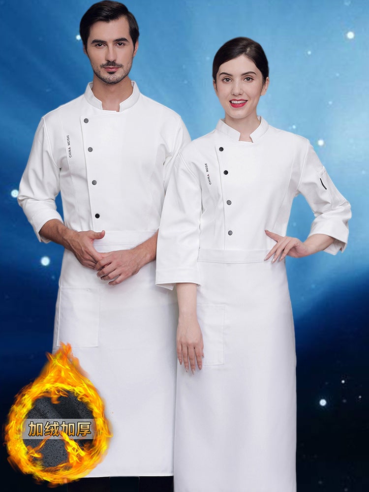 High-Grade Fleece-Lined Chef Overalls Men'S Mid-Sleeve Clothing Women'S El Western Restaurant Quality Kitchen Clothing Printed Seven-Point Sleeve - Image 3