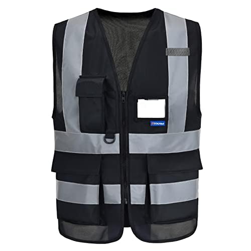 ASAFETY 7 Pockets Hi Viz Zipper Front Working Safety Vest with Reflective Strips Multiple Colors Available Black M