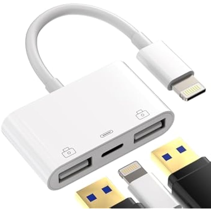 rayihni LIGHTNING TO USB ADAPTER(3IN1) FOR IPHONE 14 FOR IPAD 2 USB-A PORTS OTG CABLE CONNECTOR KEYBOARD MOUSE CAMERA FLASH DRIVE ADAPTOR CARD READER CHARGER FOR APPLE SPLITTER PORT MALE CHARGING 3.0 DONGLE - Image 1