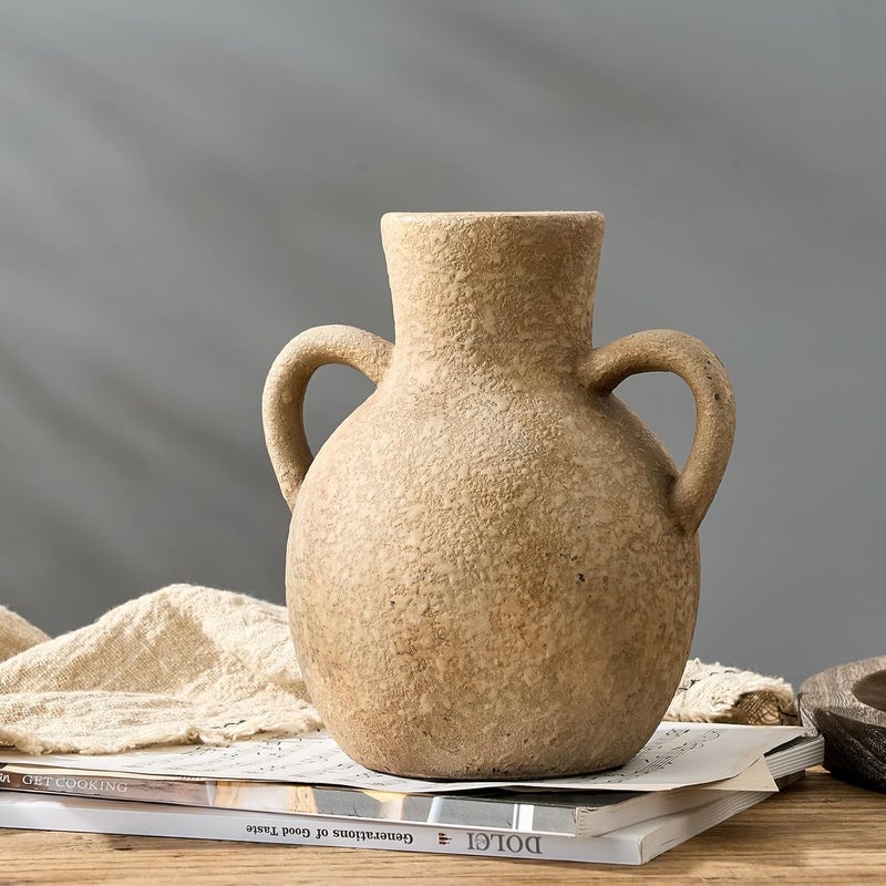 SIDUCAL Rustic Ceramic Farmhouse Flower Vase with 2 Handles, Terracotta Vase, Decorative Pottery Flower for Home Decor, Table, Wedding, Living Room, Shelf Decor, 7.3 Inch, Brown - Image 2