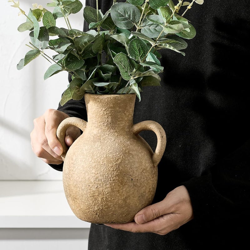 SIDUCAL Rustic Ceramic Farmhouse Flower Vase with 2 Handles, Terracotta Vase, Decorative Pottery Flower for Home Decor, Table, Wedding, Living Room, Shelf Decor, 7.3 Inch, Brown - Image 5