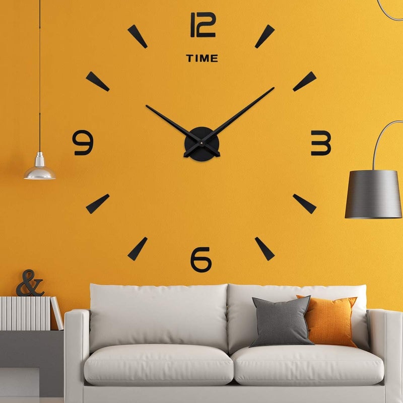 AILILIFE مجموعة ساعة حائط ثلاثية الأبعاد من DIY مع ملصقات مرآة بدون إطار كبيرة لتزيين المنزل وغرفة المعيشة وغرفة النوم والمكتب (أسود) - Image 2