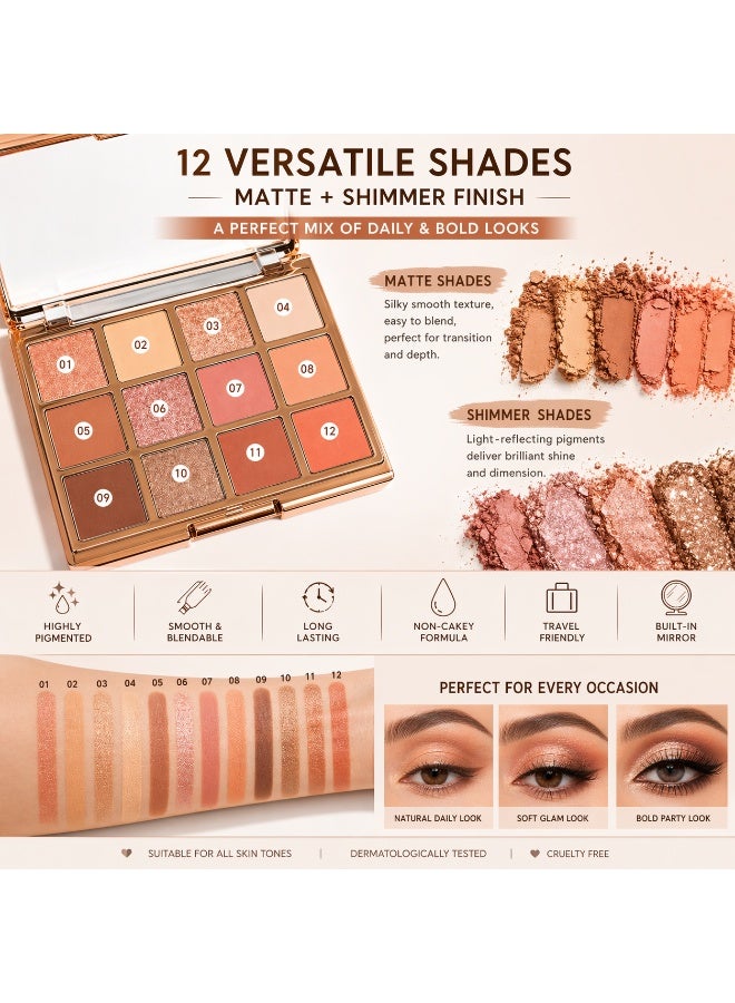 MOSH 12 Color Nude Eyeshadow Palette with Mirror – Matte & Shimmer Highly Pigmented Long Lasting Eye Makeup Kit, Blendable Natural Smokey & Glam Look for Daily & Party Use - Image 2