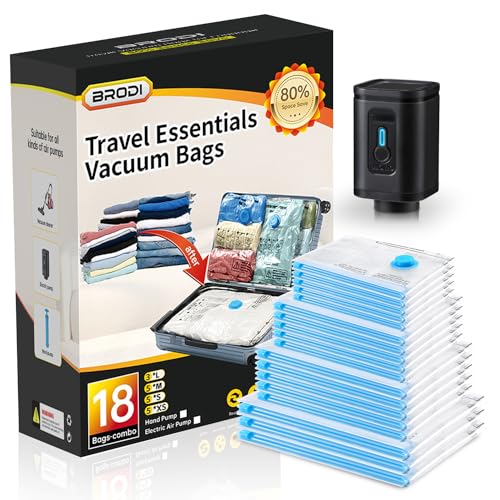 BRODI 18 Combo Pack Travel Vacuum Bags with Pump - Space Saver & Travel Essentials, Clothing & Luggage Vacuum Seal Bags - Image 1