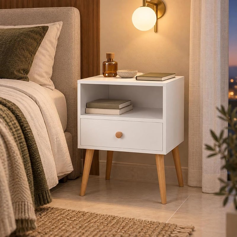 Bentifar 2-Tier Nightstand, Bedside Table, End Table with Storage Drawer and Open Shelf,Simple Style Desk with Solid Wood Legs, Perfect for Bedroom Living Room Office and Dorm - Image 2