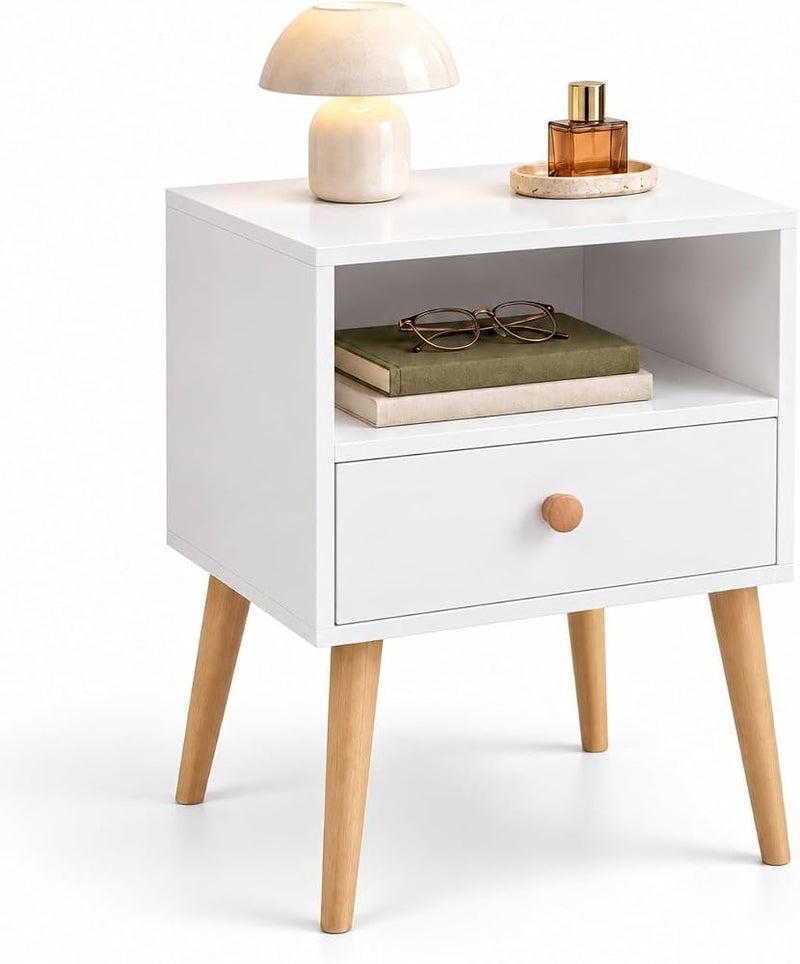 Bentifar 2-Tier Nightstand, Bedside Table, End Table with Storage Drawer and Open Shelf,Simple Style Desk with Solid Wood Legs, Perfect for Bedroom Living Room Office and Dorm - Image 1