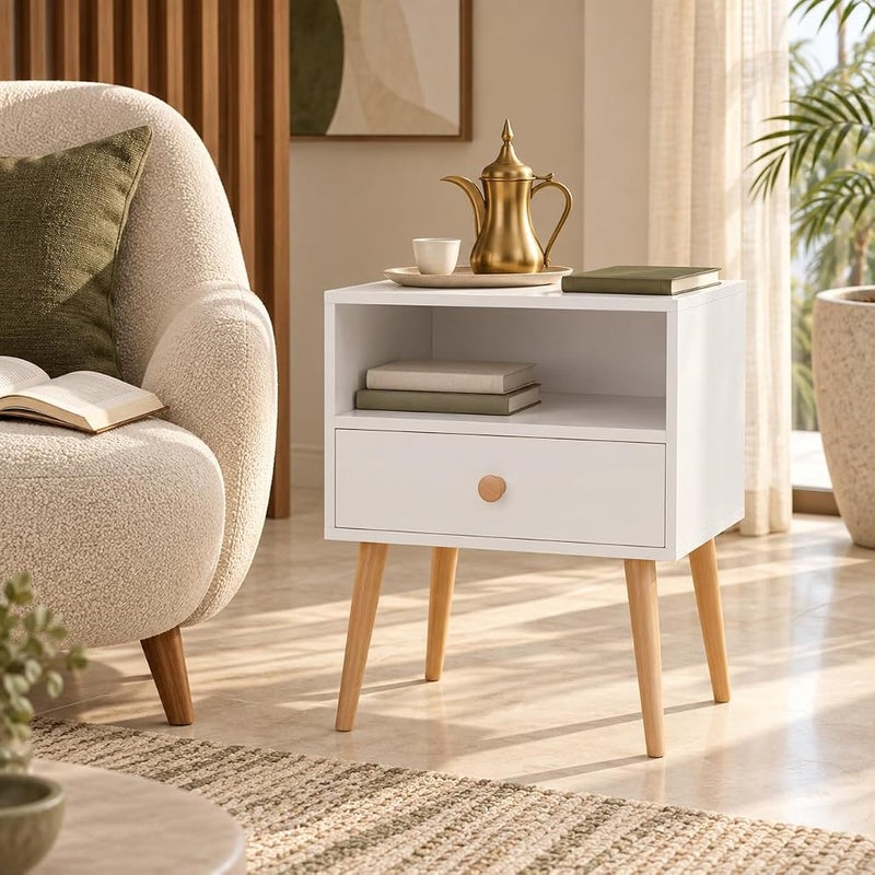 Bentifar 2-Tier Nightstand, Bedside Table, End Table with Storage Drawer and Open Shelf,Simple Style Desk with Solid Wood Legs, Perfect for Bedroom Living Room Office and Dorm - Image 4