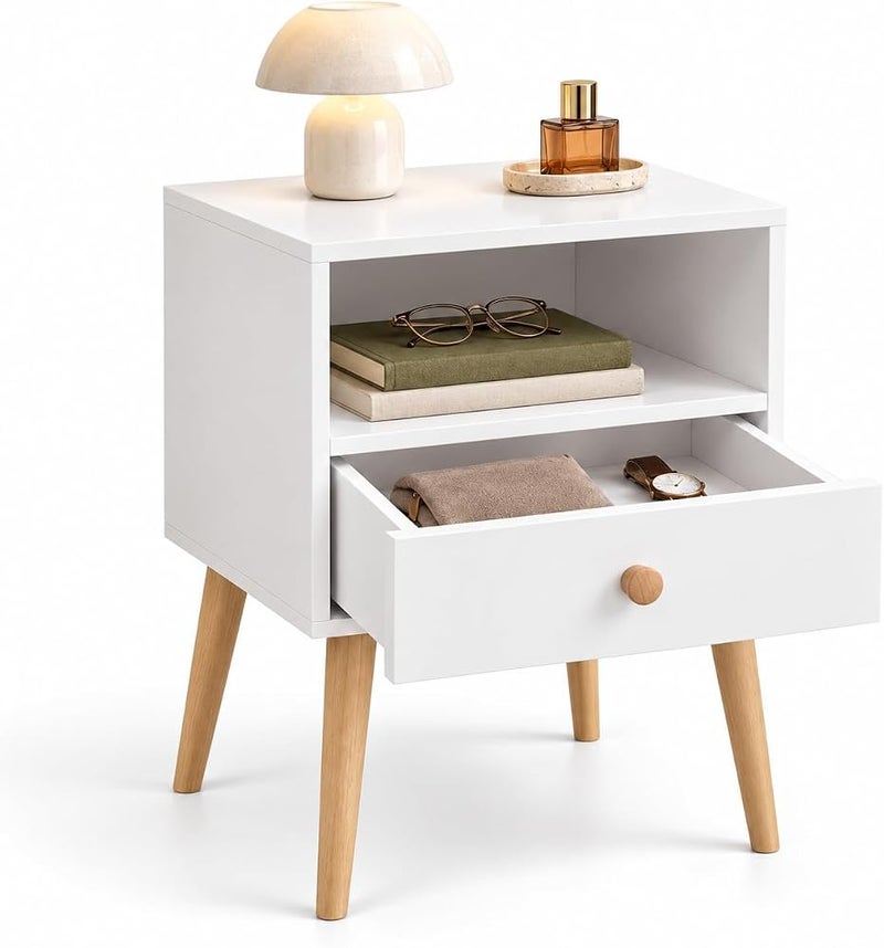 Bentifar 2-Tier Nightstand, Bedside Table, End Table with Storage Drawer and Open Shelf,Simple Style Desk with Solid Wood Legs, Perfect for Bedroom Living Room Office and Dorm - Image 3