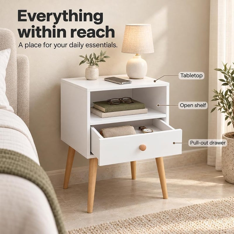 Bentifar 2-Tier Nightstand, Bedside Table, End Table with Storage Drawer and Open Shelf,Simple Style Desk with Solid Wood Legs, Perfect for Bedroom Living Room Office and Dorm - Image 5
