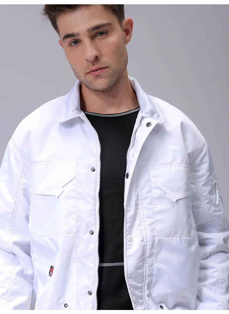 The Indian Garage Co Mens White Slim Fit Plain Zipper Flap Placket Flap Pocket Winter Jacket