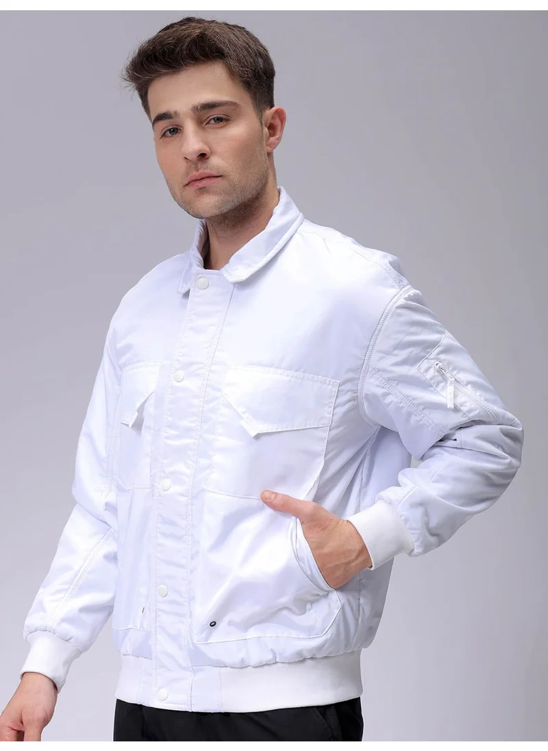 The Indian Garage Co Mens White Slim Fit Plain Zipper Flap Placket Flap Pocket Winter Jacket