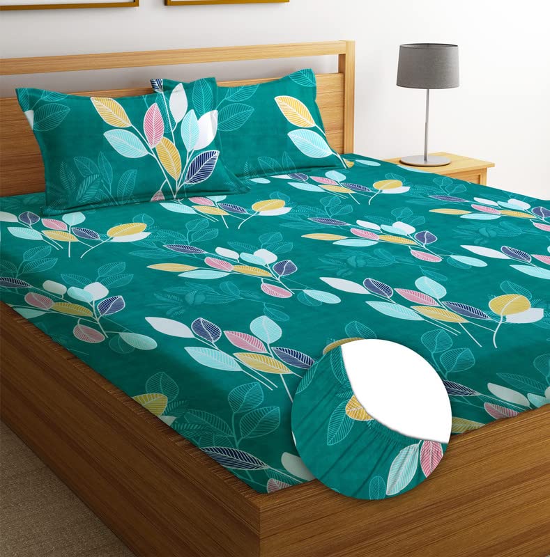 BSB HOME Premium 100% Microfiber Elastic Fitted Bedsheets with 2 Pillow Covers | Double Bed with All Around Elastic 180 TC Supersoft | for 78x72+10 Mattress (Floral, Dark Green) - Image 1