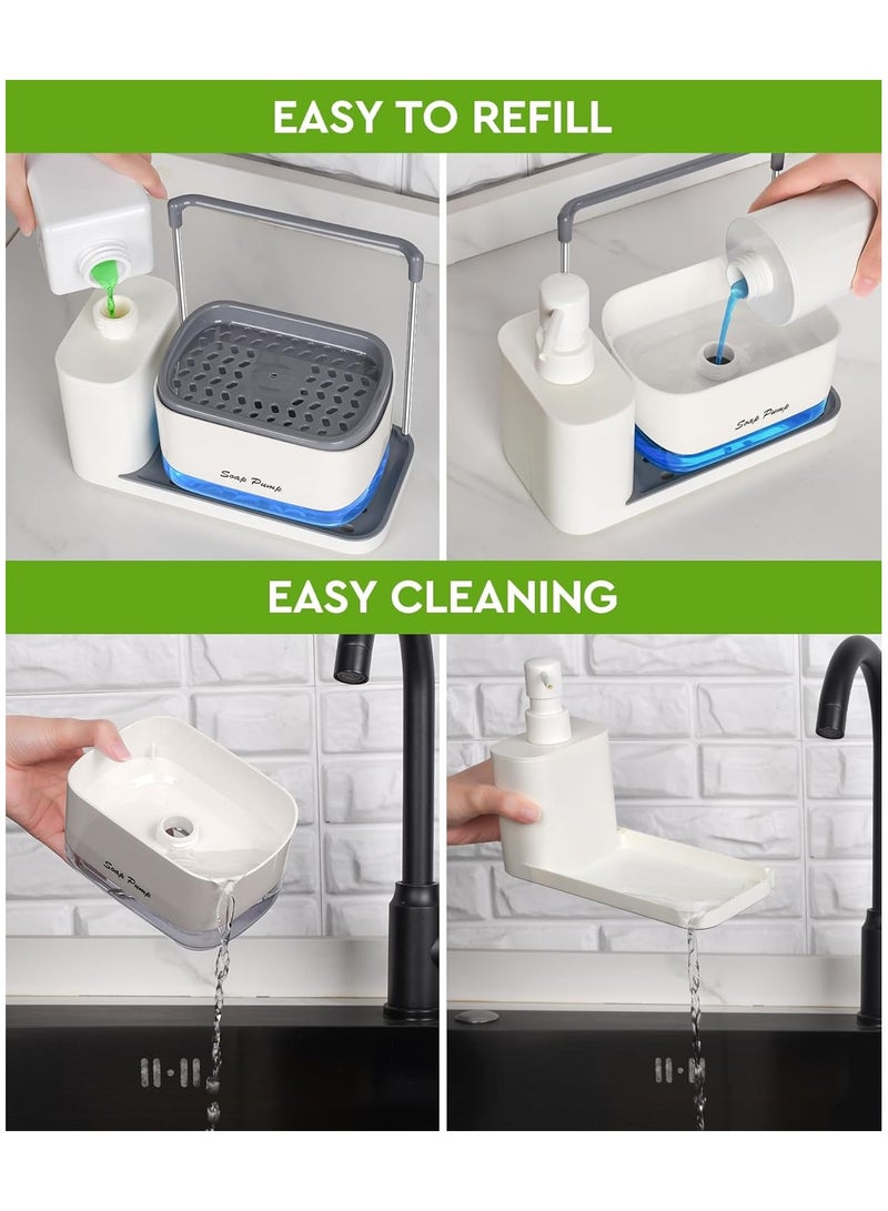 Hand and Dish Soap Dispenser Set with Tray, Dual Soap Dispenser with Sponge Holder and Dishcloth Holder 5-in-1 Organizer for Kitchen Sink Countertop Storage Organize - Useful Kitchen Gadgets (White) - Image 3