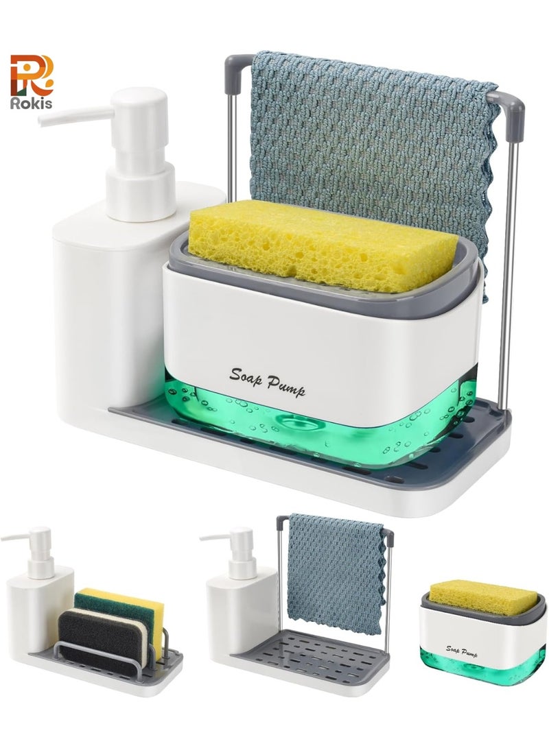 Rokis Hand and Dish Soap Dispenser Set with Tray, Dual Soap Dispenser with Sponge Holder and Dishcloth Holder 5-in-1 Organizer for Kitchen Sink Countertop Storage Organize - Useful Kitchen Gadgets (White) - Image 1