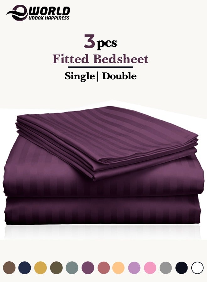Eworld 3 Piece Luxury Purple Striped Bed Sheet Set with 1 Deep Pocket Fitted Sheet and 2 Pillowcases for Hotel and Home Crafted from Ultra Soft and Breathable For All Seasons Microfiber for Year-Round Comfort (Single/Double) - Image 1