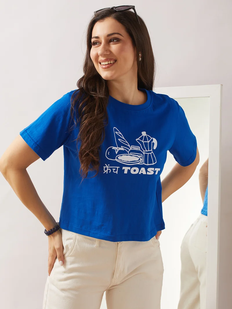 globus Women Blue Round Neck Short Sleeves Graphic Print Oversized T-Shirt