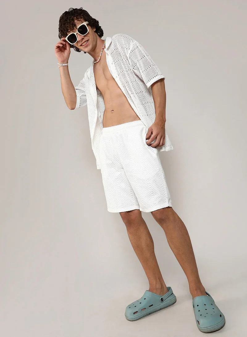 Campus Sutra Campus Sutra Men's Chalk White Oversized Knit Co-Ord SetFor Casual Wear | Spread Collar | Short Sleeve | Button Closure | Co-Ords Crafted With Comfort Fit For Everyday Wear
