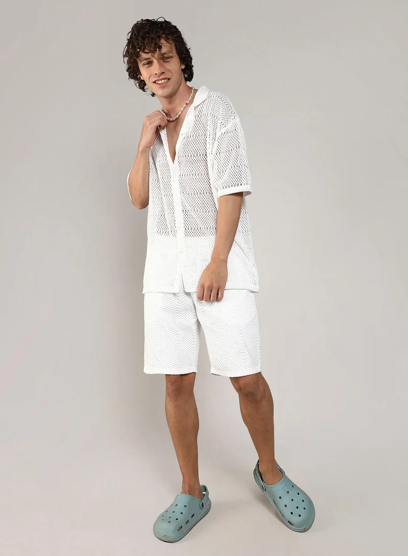Campus Sutra Campus Sutra Men's Chalk White Oversized Knit Co-Ord SetFor Casual Wear | Spread Collar | Short Sleeve | Button Closure | Co-Ords Crafted With Comfort Fit For Everyday Wear