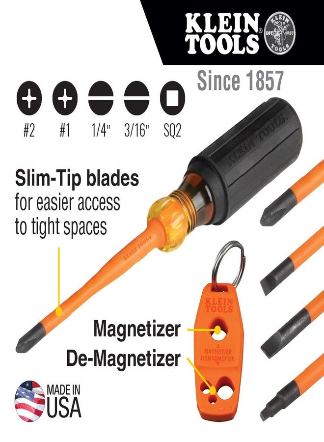 Klein Tools 33736INS Insulated Screwdriver Set, Made in USA, 1000V Slim-Tip Driver with Phillips, Cabinet and Square Bits and a Magnetizer, 6-Piece - Image 2