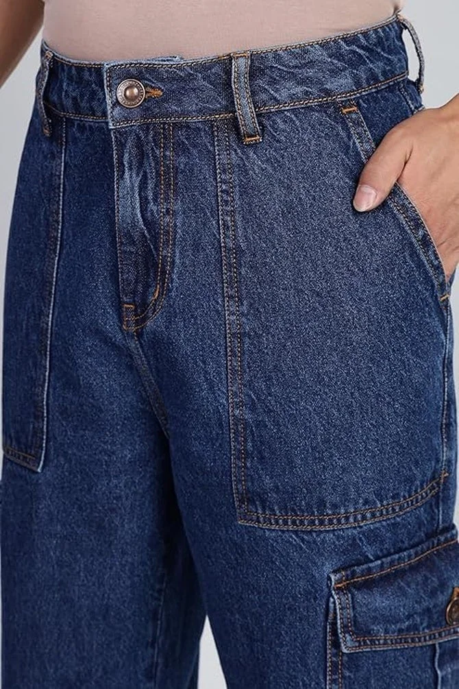 Inkd Inkwell Indigo Men's Cargo Carpenter Baggy Jeans – Mid-Rise | 100% Cotton | Contrast Stitch| 6 Pocket Styling | Baggy Jeans for Man | Cargo for Men for Men | Best Price UAE