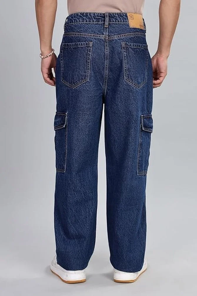 Inkd Inkwell Indigo Men's Cargo Carpenter Baggy Jeans – Mid-Rise | 100% Cotton | Contrast Stitch| 6 Pocket Styling | Baggy Jeans for Man | Cargo for Men for Men | Best Price UAE
