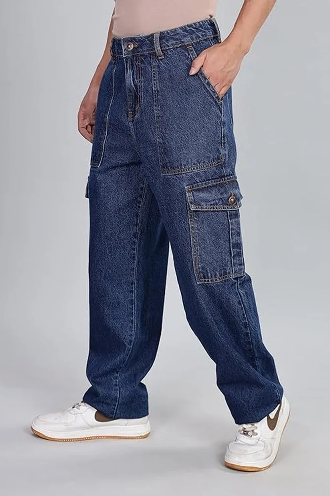 Inkd Inkwell Indigo Men's Cargo Carpenter Baggy Jeans – Mid-Rise | 100% Cotton | Contrast Stitch| 6 Pocket Styling | Baggy Jeans for Man | Cargo for Men for Men | Best Price UAE