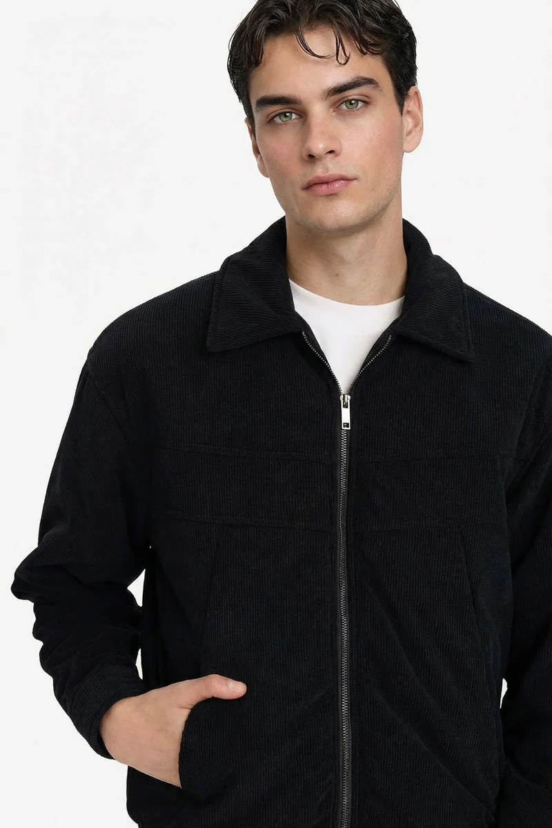 ديفاكتو Oversize Fit Shirt Collar Velvet Zippered Jacket