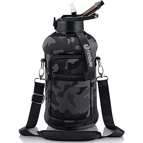 Fimibuke Half Gallon Water Bottle with Sleeve 64 OZ Water Bottle with Handle & Straw Leakproof Motivational Sports Gym Water Bottle with Time Marker BPA Free Water Jug with Neoprene Holder - Camo - Image 1
