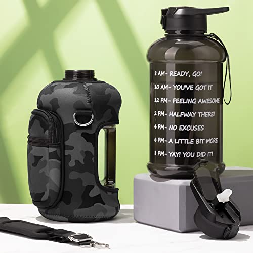 Fimibuke Half Gallon Water Bottle with Sleeve 64 OZ Water Bottle with Handle & Straw Leakproof Motivational Sports Gym Water Bottle with Time Marker BPA Free Water Jug with Neoprene Holder - Camo - Image 5