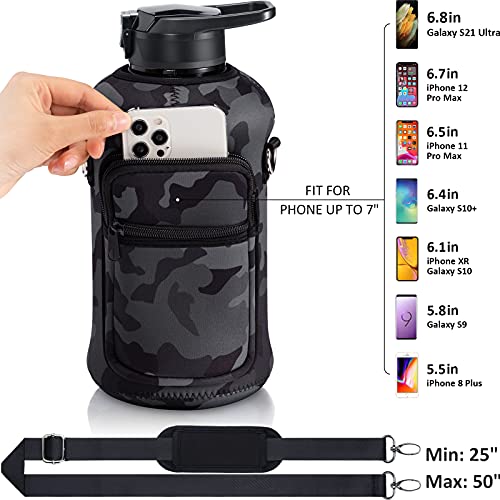 Fimibuke Half Gallon Water Bottle with Sleeve 64 OZ Water Bottle with Handle & Straw Leakproof Motivational Sports Gym Water Bottle with Time Marker BPA Free Water Jug with Neoprene Holder - Camo - Image 2