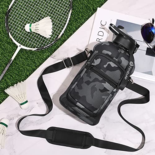 Fimibuke Half Gallon Water Bottle with Sleeve 64 OZ Water Bottle with Handle & Straw Leakproof Motivational Sports Gym Water Bottle with Time Marker BPA Free Water Jug with Neoprene Holder - Camo - Image 4
