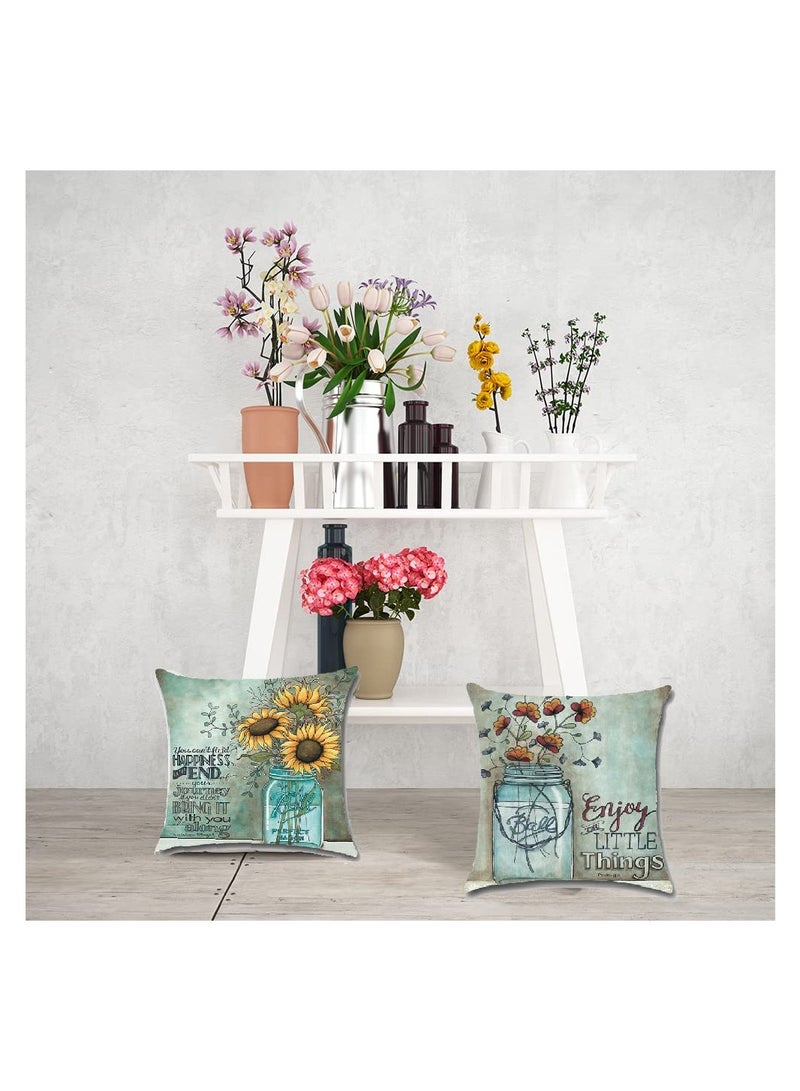 Zikra Jar Throw Pillow Covers 18x18 Sunflower Pillowcase Blue Vase Cushion Seasonal Case for Outdoor Sofa Couch Living Room Bedroom Home Decoration 4 Pack - Image 3