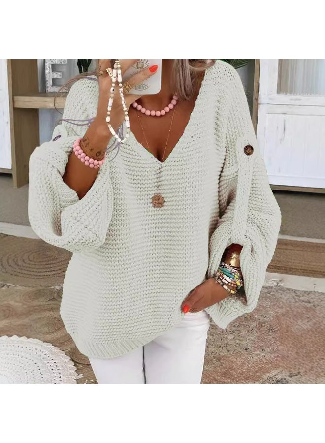 NIBEMINENT Casual Knitted V Neck Sweater Fall Winter Fashion Button Warm Commuter Jumper Elegant Solid Adjustable Long Sleeve Pullover - Image 1