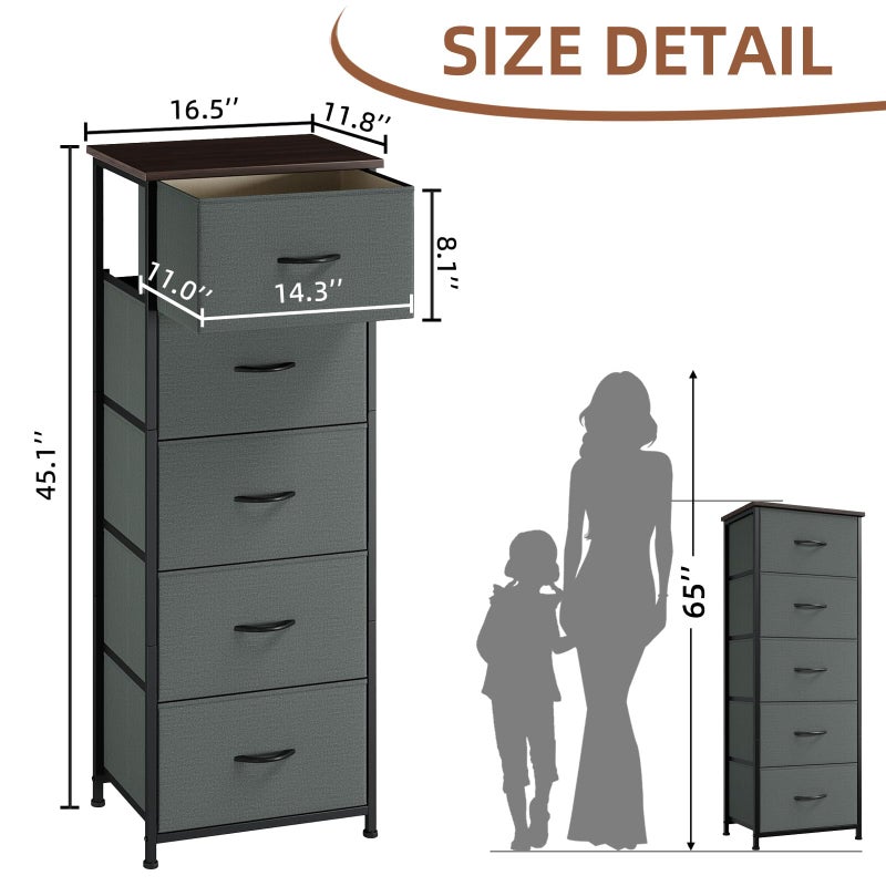 Somdot Tall Dresser for Bedroom with 5 Drawers, Storage Organizer Chest of Drawers with Removable Fabric Bins for Closet Bedside Living Room Laundry Entryway Hallway, Charcoal Grey - Image 3
