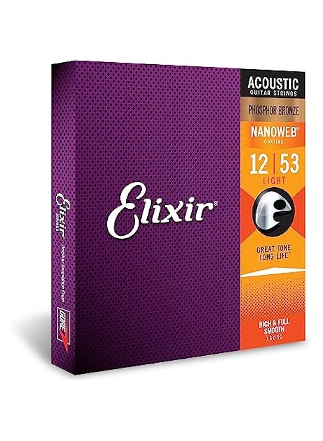 إليكسر أوتار، أوتار جيتار أكوستيك، نحاس فوسفوري مع طلاء NANOWEB، نغمة غنية ومتينة تدوم طويلاً مع شعور مريح، مجموعة أوتار 6، خفيفة 12-53 - Image 1