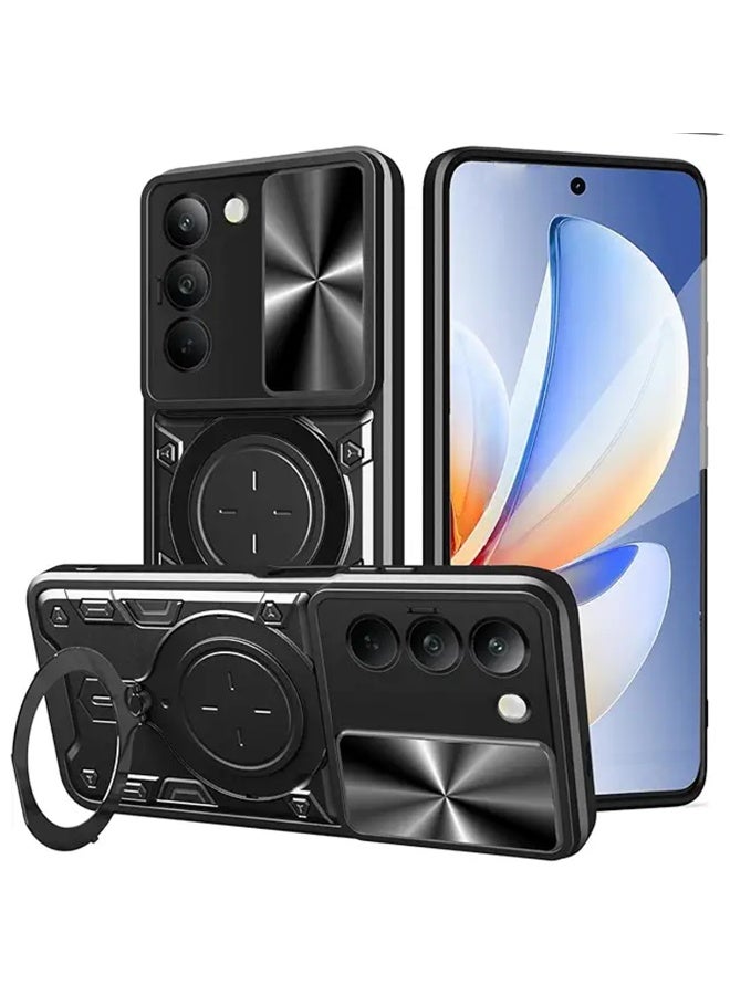 SanHu for Redmi 15 5G Case, Slide Camera Lens Cover, Magnetic Ring Holder Kickstand Protective Phone Case for Redmi 15 5G, Black