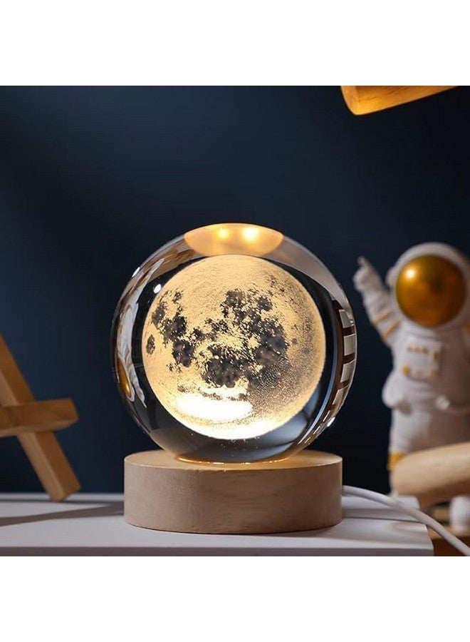 FLYNGO FLYNGO 3D Moon Crystal Ball Night Lamp, Creative Engraved Night Light for Kids Room, USB Table LED Lamp with Woodern Base, Light for Home Office Decoration Birthday Gift (Moon)  - Image 1