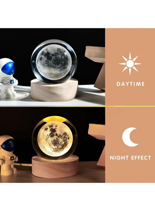 FLYNGO FLYNGO 3D Moon Crystal Ball Night Lamp, Creative Engraved Night Light for Kids Room, USB Table LED Lamp with Woodern Base, Light for Home Office Decoration Birthday Gift (Moon)  - Image 3