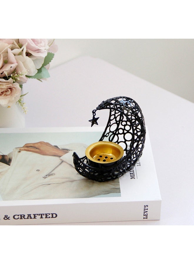 Metal Incense Burner, Crescent Moon & Star Design, Tabletop Aromatherapy for Festivals, Black & Gold - Image 5