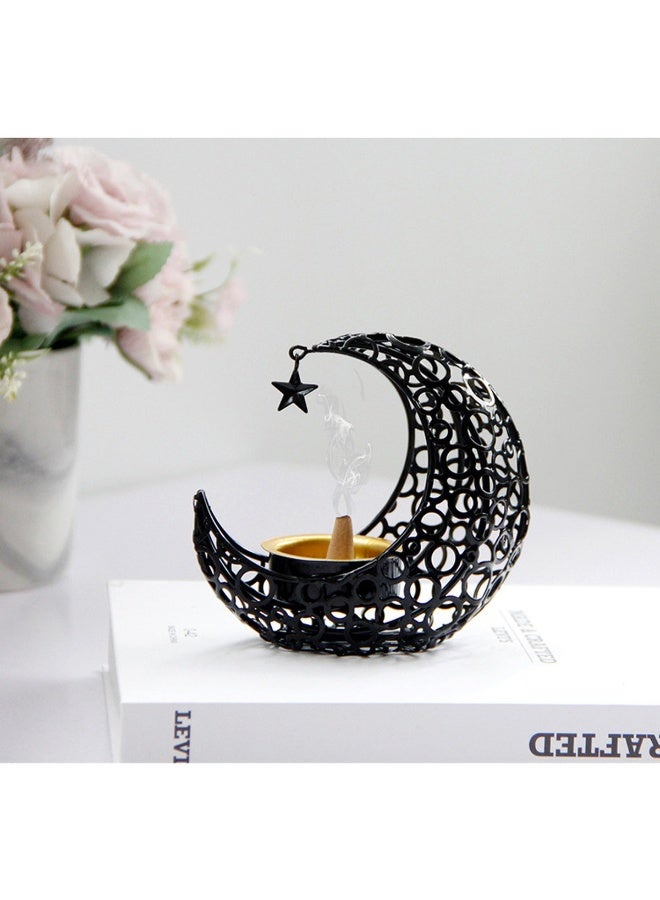 Metal Incense Burner, Crescent Moon & Star Design, Tabletop Aromatherapy for Festivals, Black & Gold - Image 3