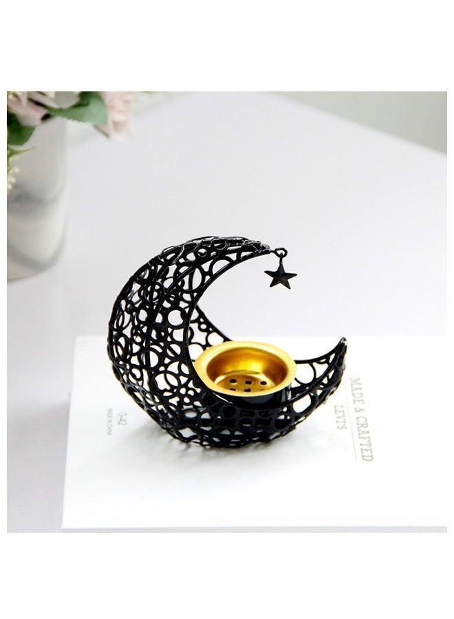 Metal Incense Burner, Crescent Moon & Star Design, Tabletop Aromatherapy for Festivals, Black & Gold - Image 4