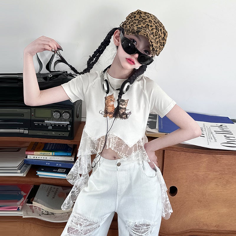 Cross-border Girls Short-sleeved Pants Summer Lace suit 2025 Design Sense Top Ripped Wide-leg Pants Two-piece Set White short sleeves
